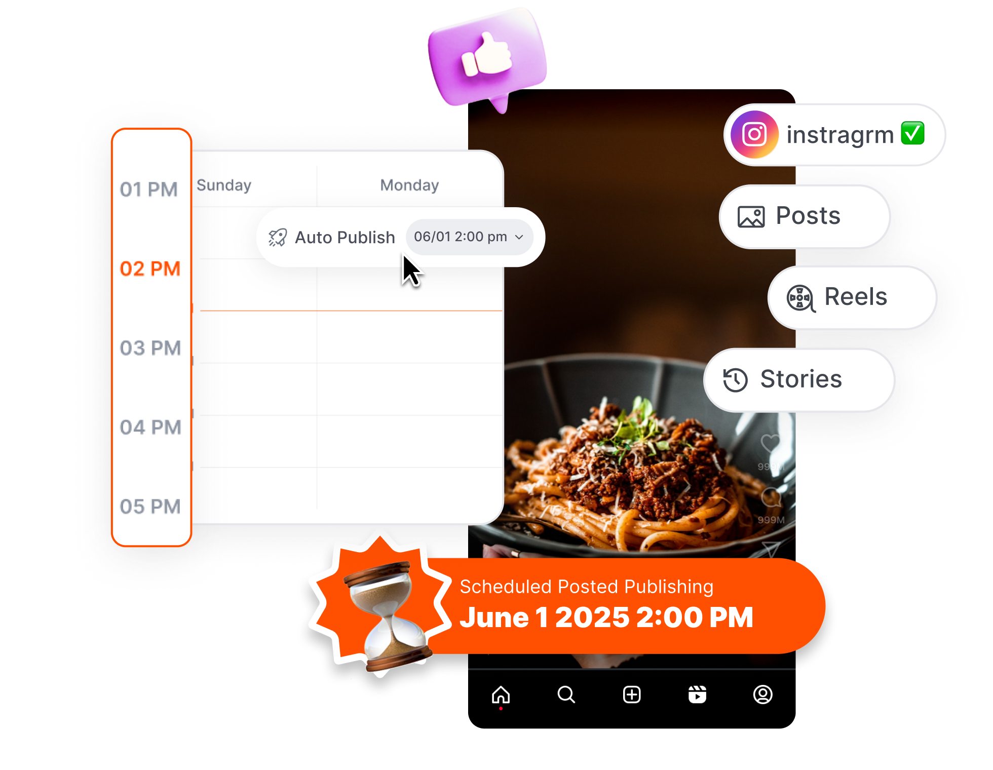 A user scheduling an Instagram post with a visual calendar to auto-publish at the best time