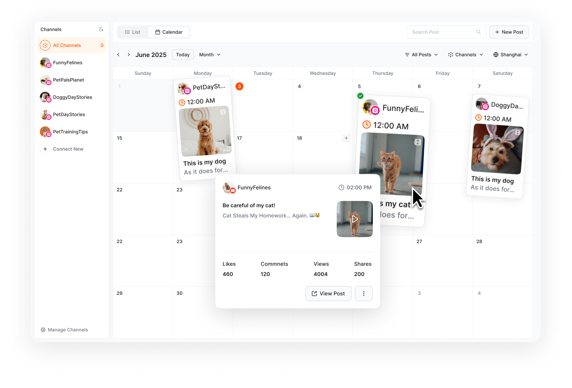 A user managing multiple Instagram accounts in a social media calendar, planning their content by dragging and dropping posts.