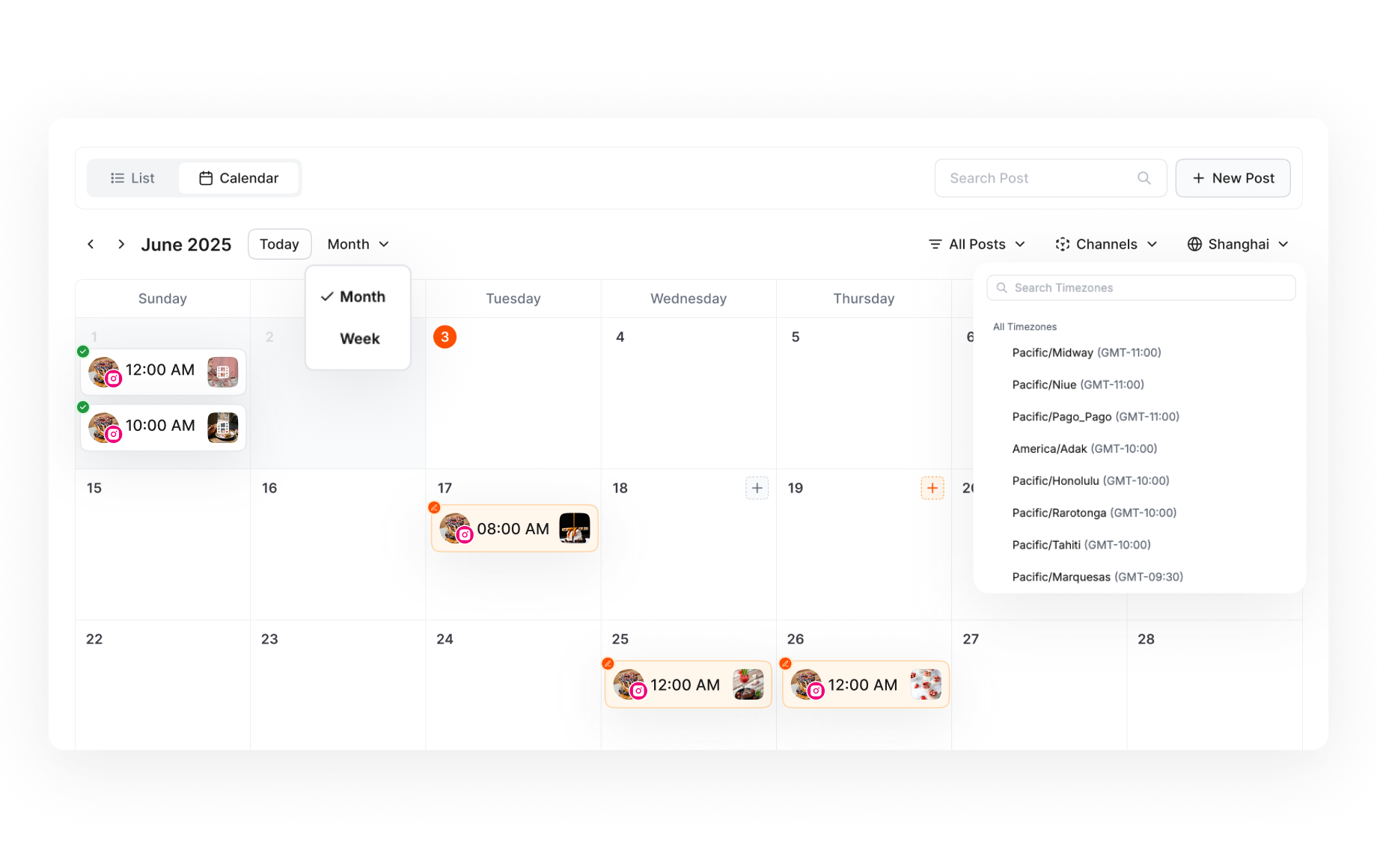 An AI-powered Instagram content planner showing how to schedule posts at the best time and for different time zones.
