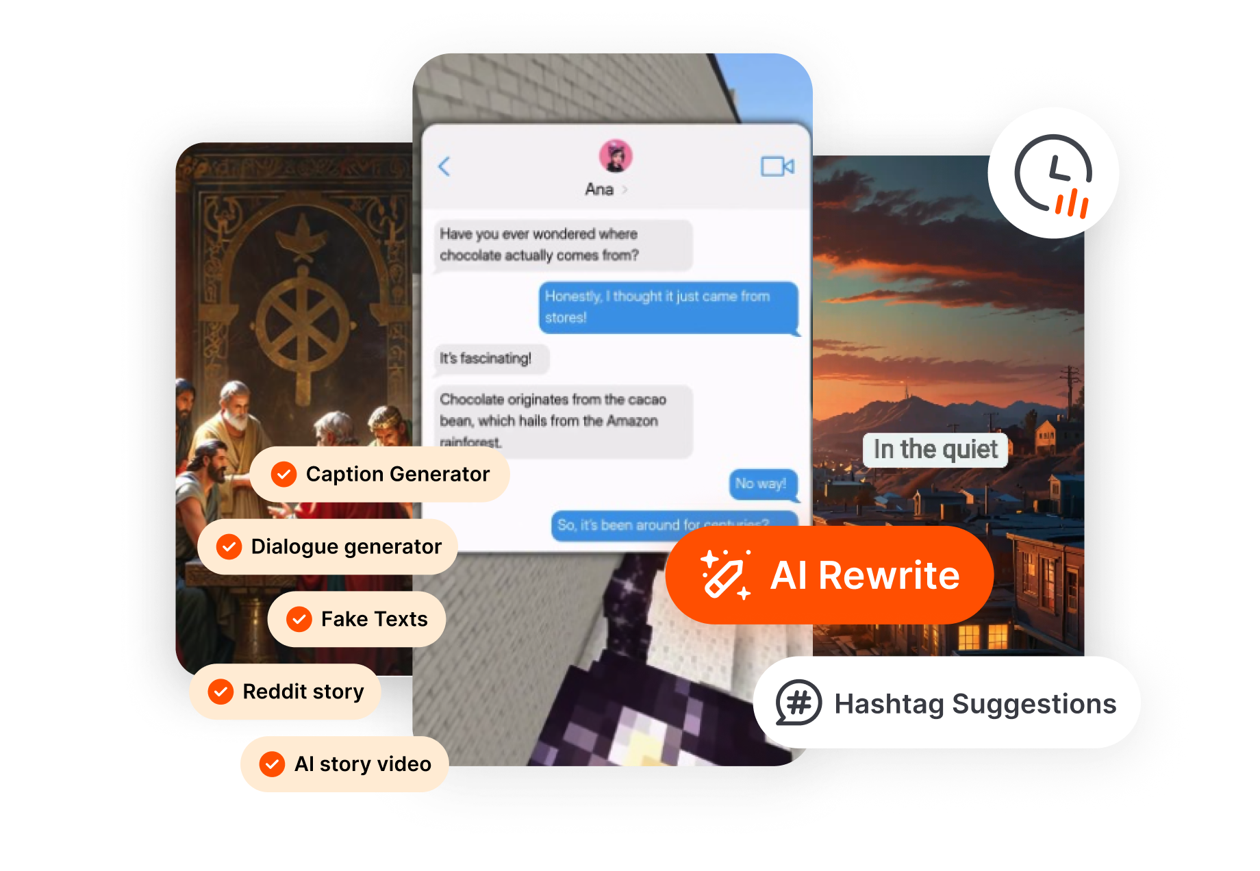 An AI video generator creating viral content using ready-to-use templates like 'Reddit story' and 'Fake Texts', and then optimizing it with its AI caption and hashtag tools