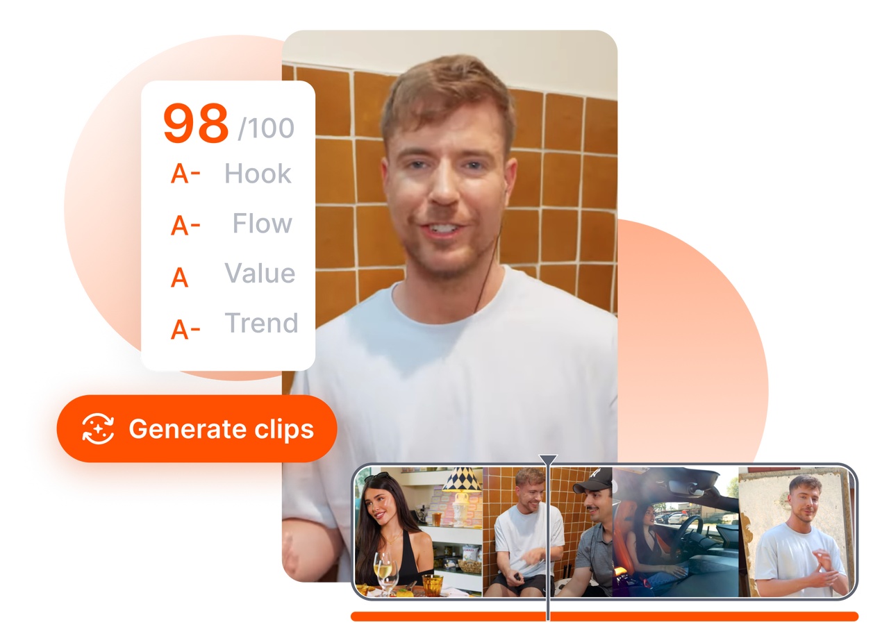 A demonstration of Short AI's Virality Score feature which grades clips on hook, flow, and value, plus automated AI B-roll and smart transitions to create winning video clips.