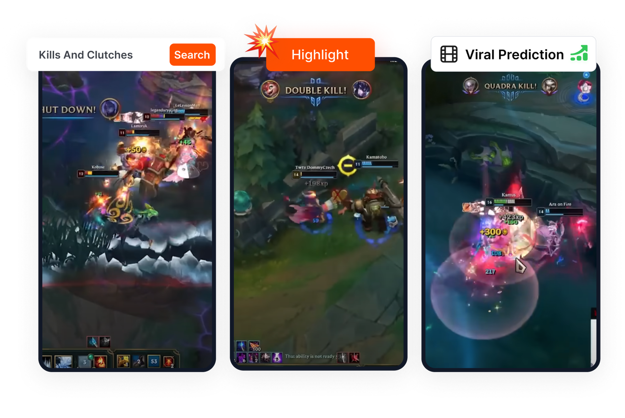 Short AI's interface spotting viral highlights in a gaming video using prompt-based editing, designed to save manual work for gamers, vloggers, and podcasters