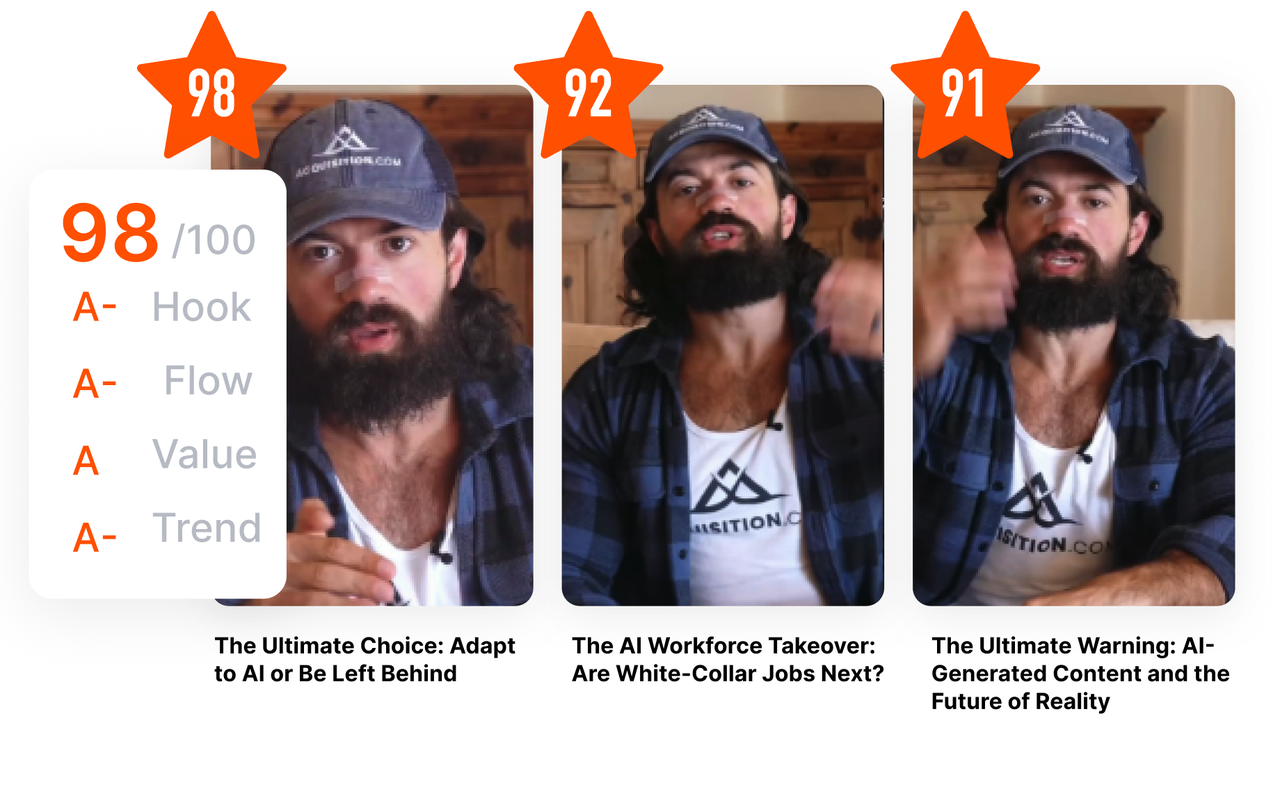 Example of Short AI's AI Virality Score, rating short video clips with scores like 98/100 to help creators engineer winning clips and increase engagement.