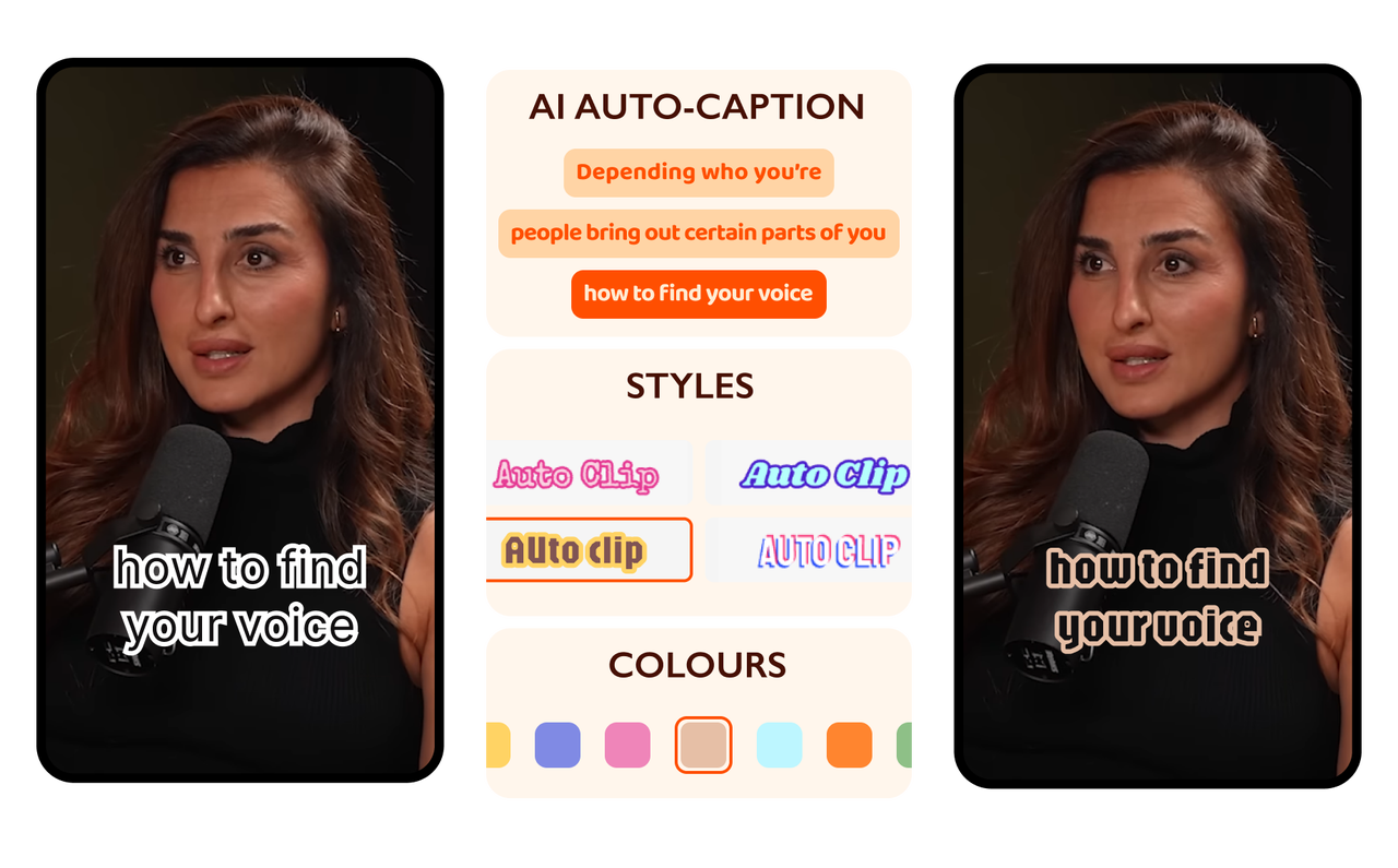 Demonstration of Short AI's flexible video editor, showing advanced AI auto-caption styles and Brand Kit color options for professional video repurposing