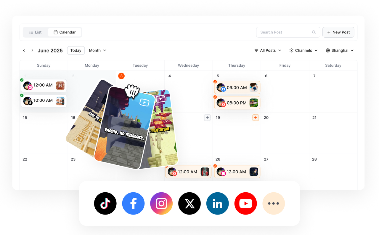 The integrated social media scheduler in Short AI, showing a calendar with video clips automatically scheduled for publishing to TikTok, Instagram, and YouTube Shorts