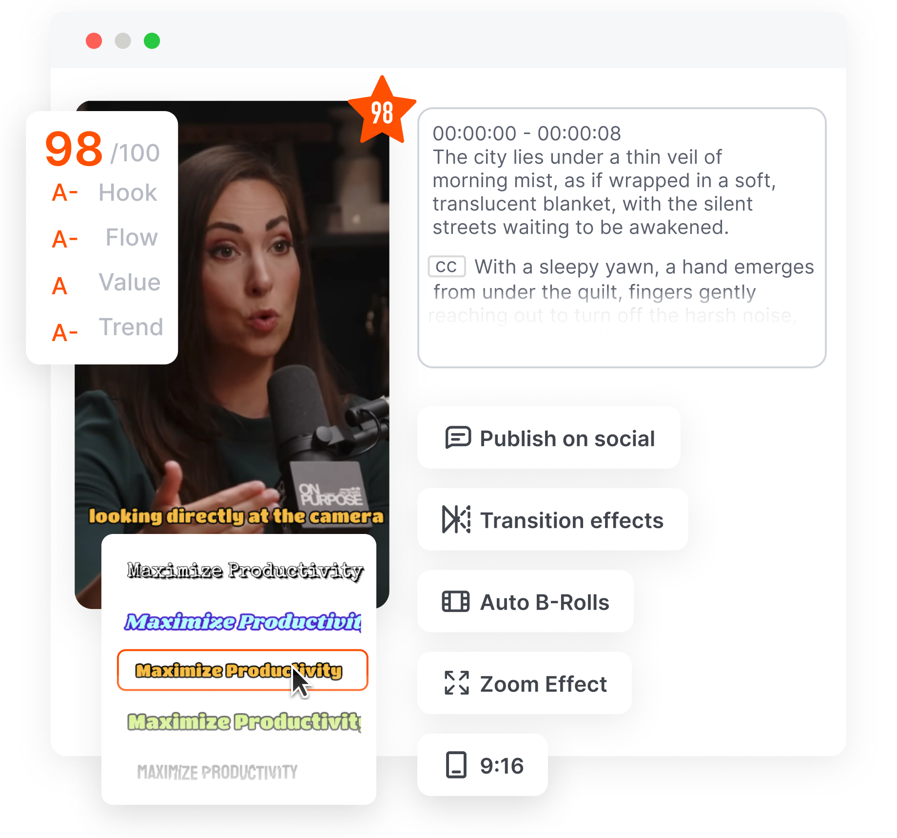 The powerful AI video editor of Short AI, demonstrating how its Brand Kit, caption animations, and AI B-roll generator help create studio-quality videos, unlike Clipgoat.