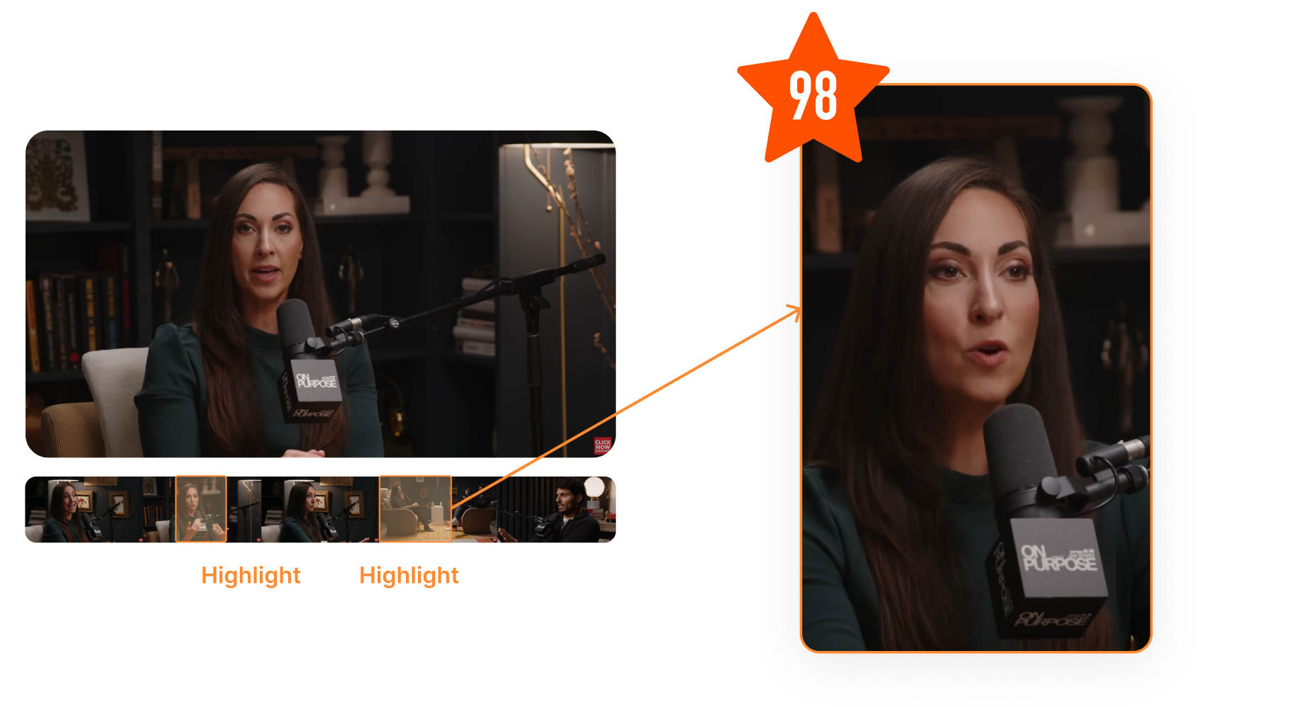 Demonstration of Short AI's growth features, showing how its AI extracts highlights from a podcast clip and provides a predictive Virality Score to increase engagement.