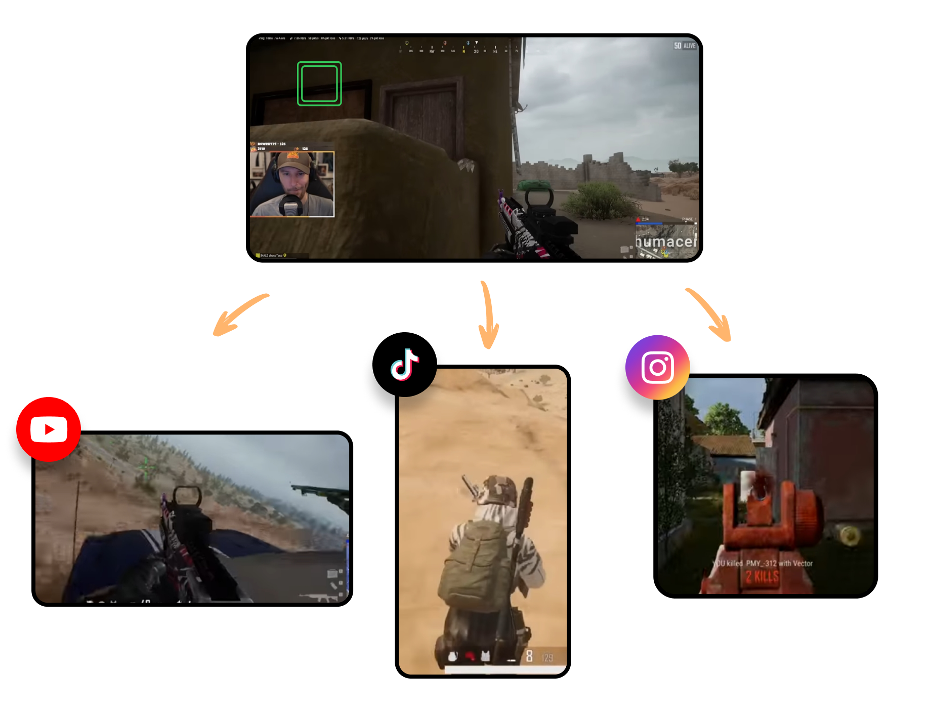 The content scheduler interface, showing a PUBG content creator planning and auto-publishing their AI-generated clips to TikTok, YouTube, and Instagram without a watermark.