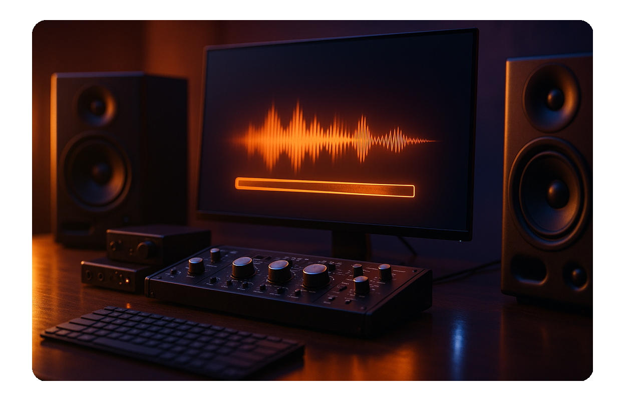 Desktop workstation with speakers running an AI Singing Voice Generator.