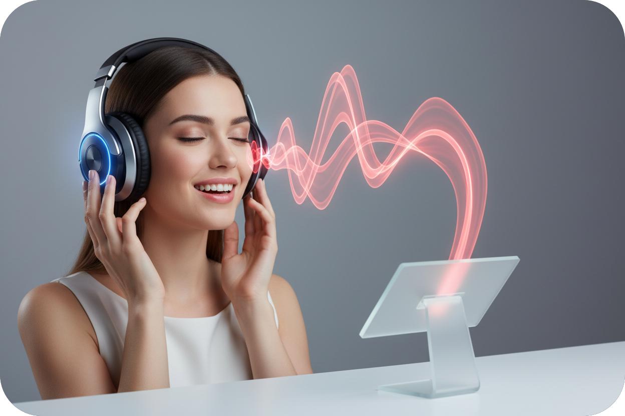 Woman enjoying music created by an AI Singing Voice Generator.