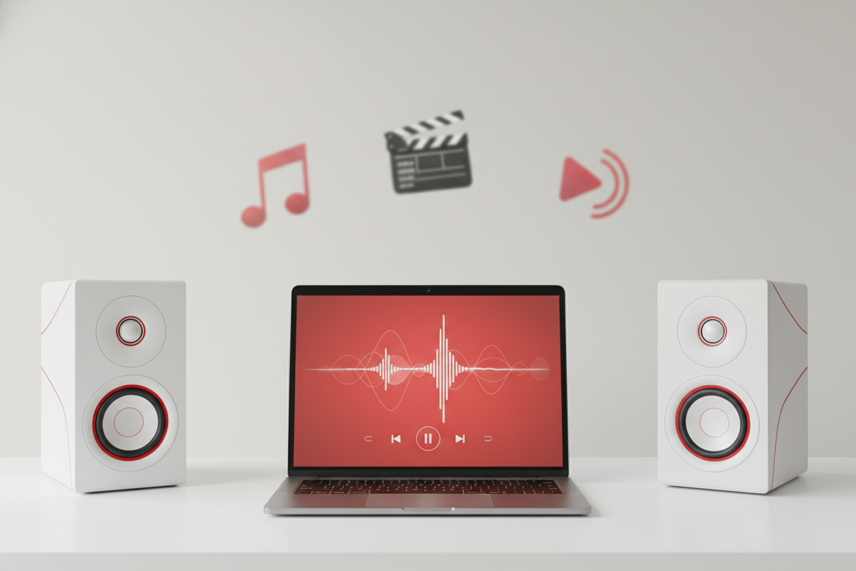 Laptop workstation running AI Singing Voice Generator software.