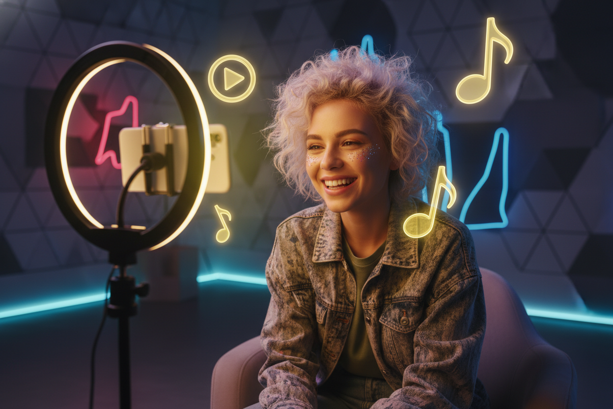 Content creator making a music video with an AI Singing Voice Generator.