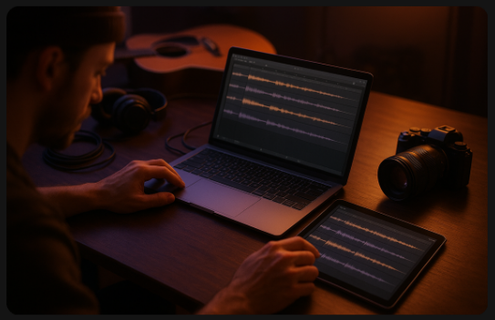 Portable studio setup editing tracks with an AI Singing Voice Generator app.