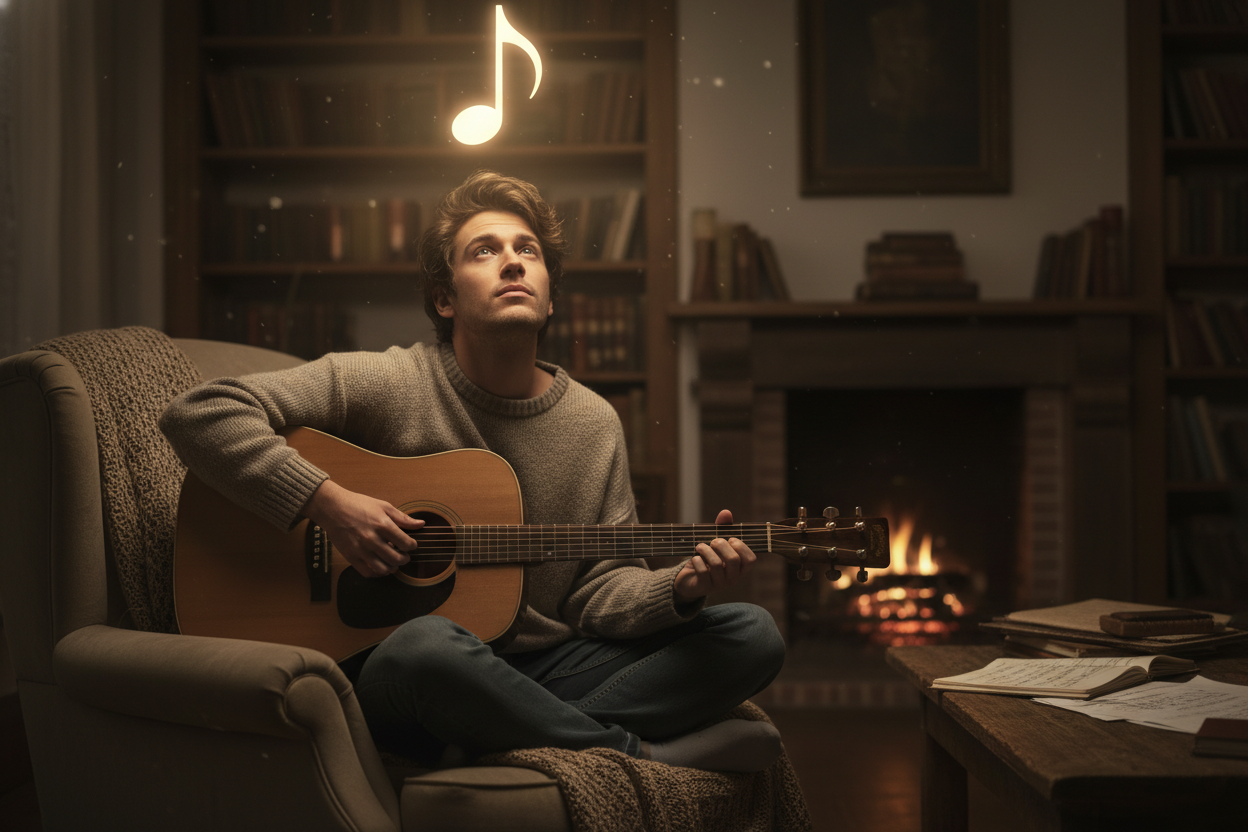 Musician playing guitar looking for inspiration from an AI Song Cover Generator.