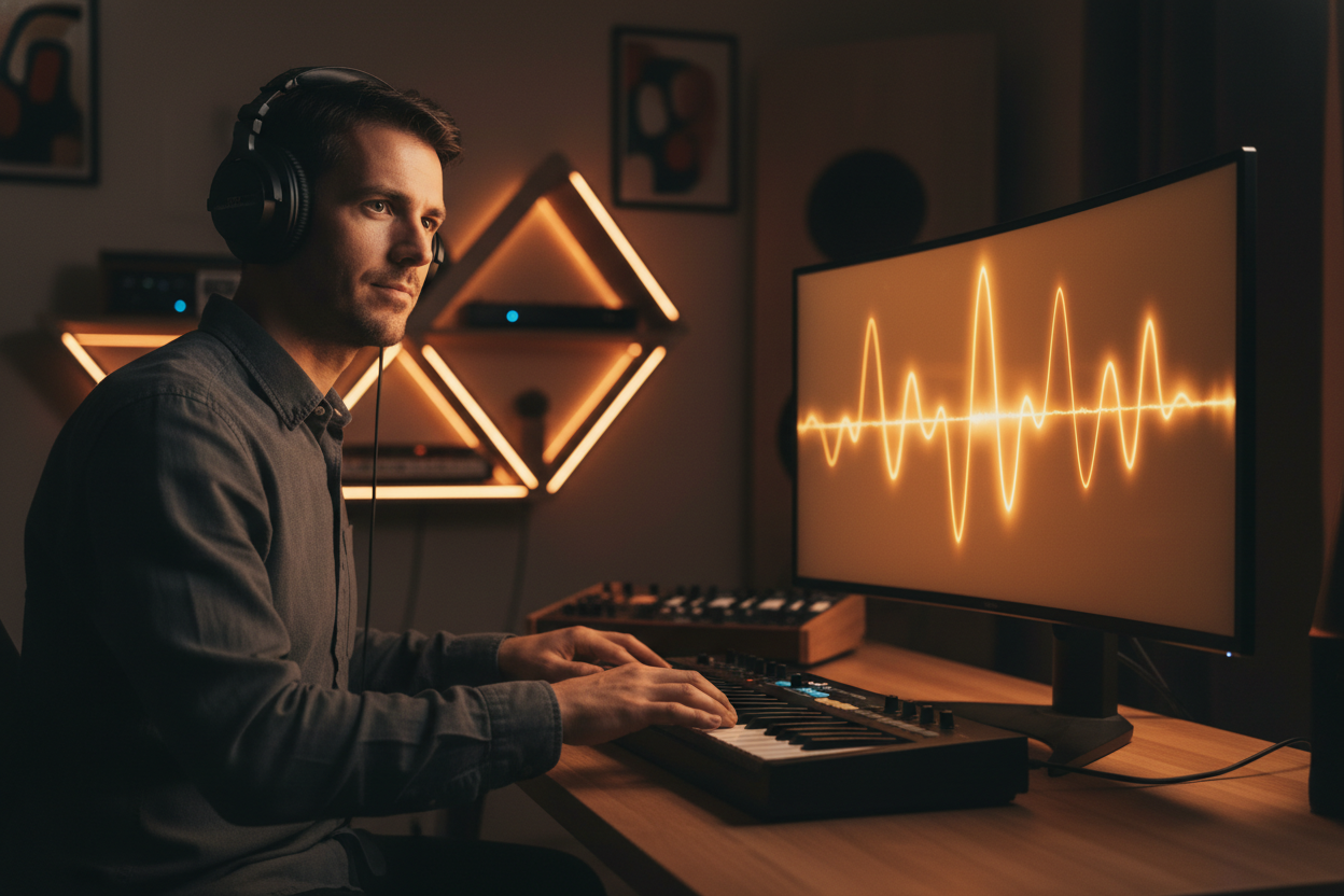 製作人正在錄音室使用AI歌聲產生器編輯音樂軌道。