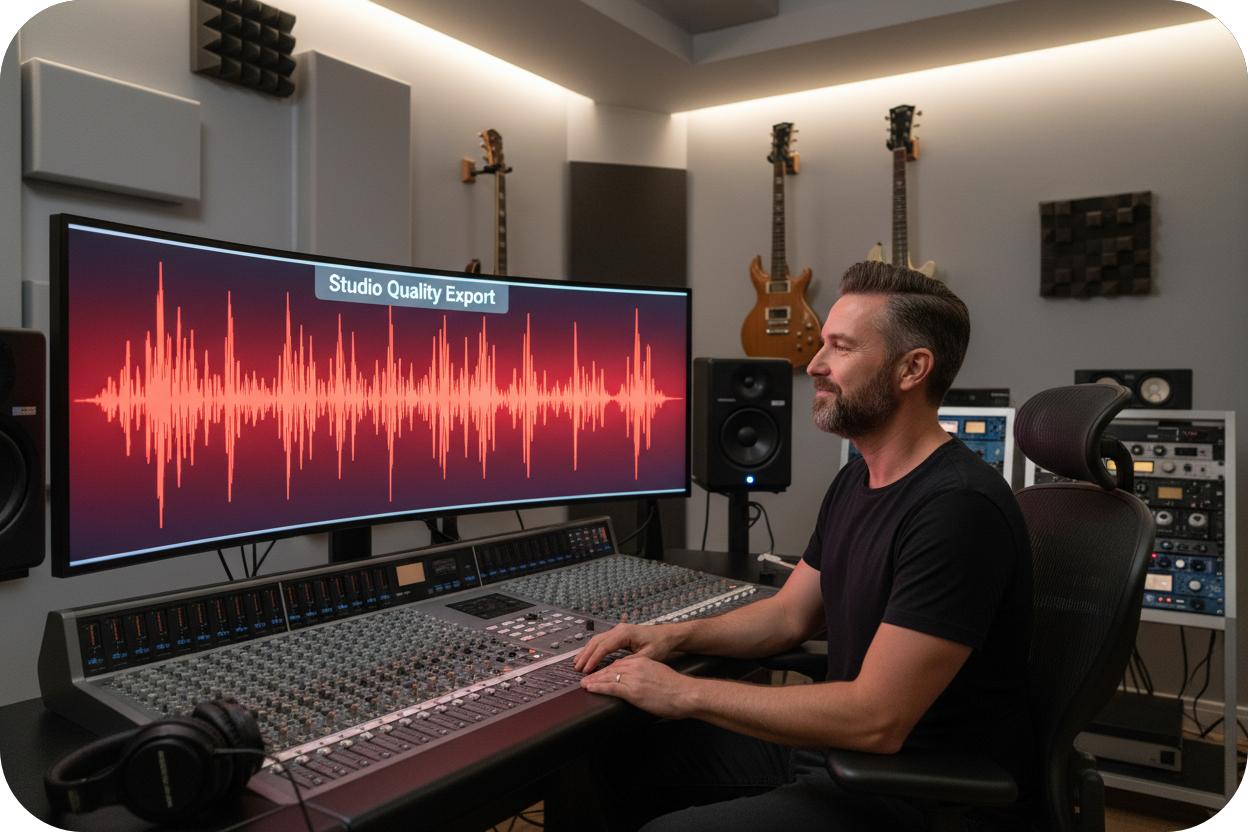 Music producer smiling while using AI Song Cover Generator software.