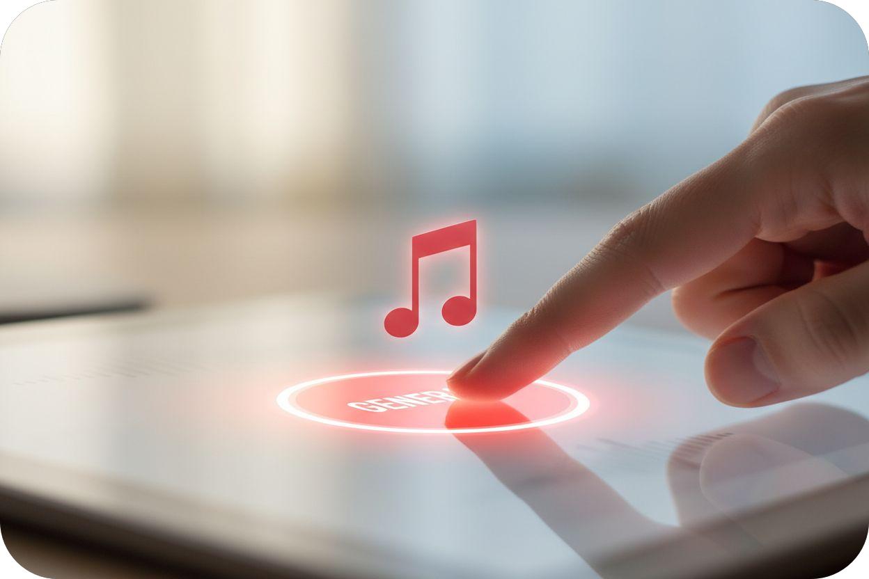 Finger tapping the music generation button on an AI Song Cover Generator app.