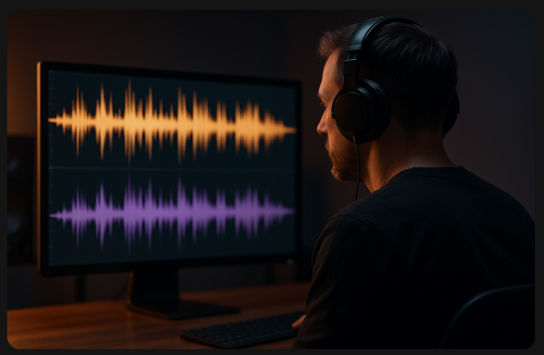 AI歌わせるソフトの音声波形を分析しているエンジニア。
