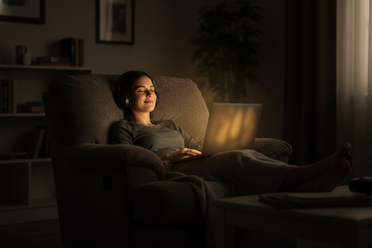 Femme se relaxant chez elle en écoutant un Générateur de Voix IA.