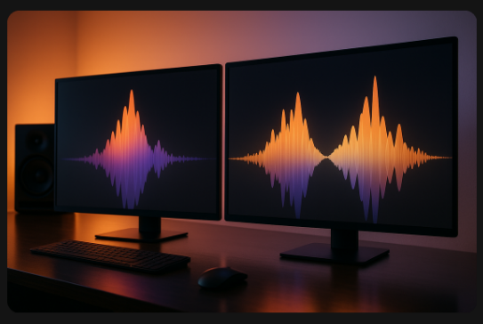 Monitores duplos exibindo a interface de um Gerador de Voz de Canto IA.