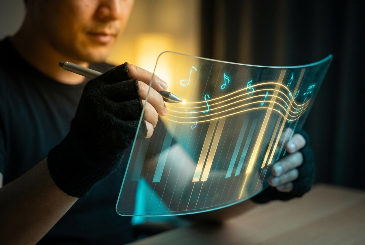 Songwriter composing a new melody in an online MIDI editor piano roll.