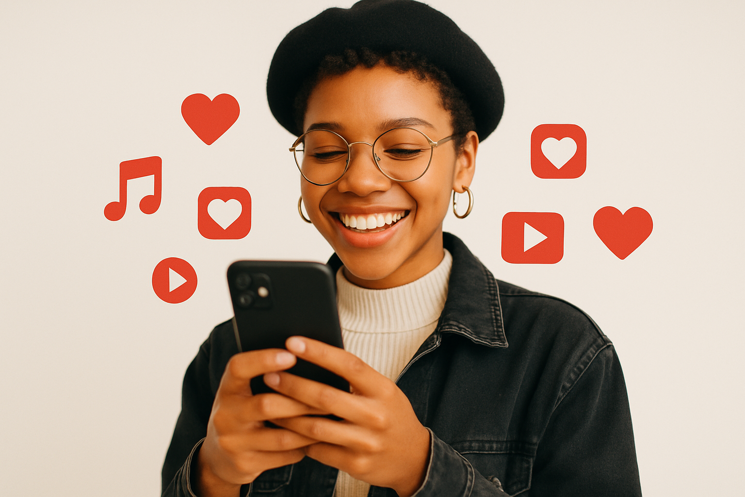 Woman with glasses sharing AI Song Cover Generator music with heart icons.