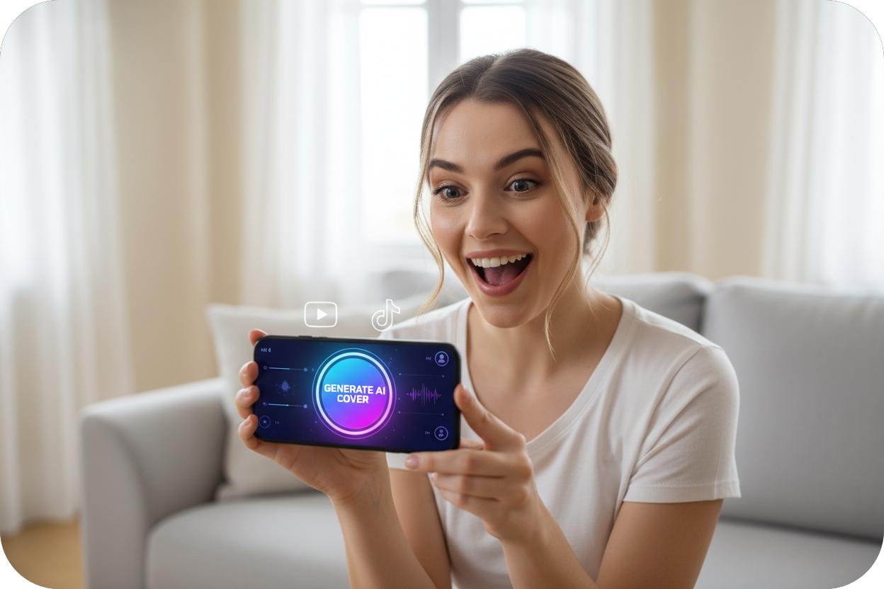 Excited woman holding a phone using an AI Song Cover Generator app.