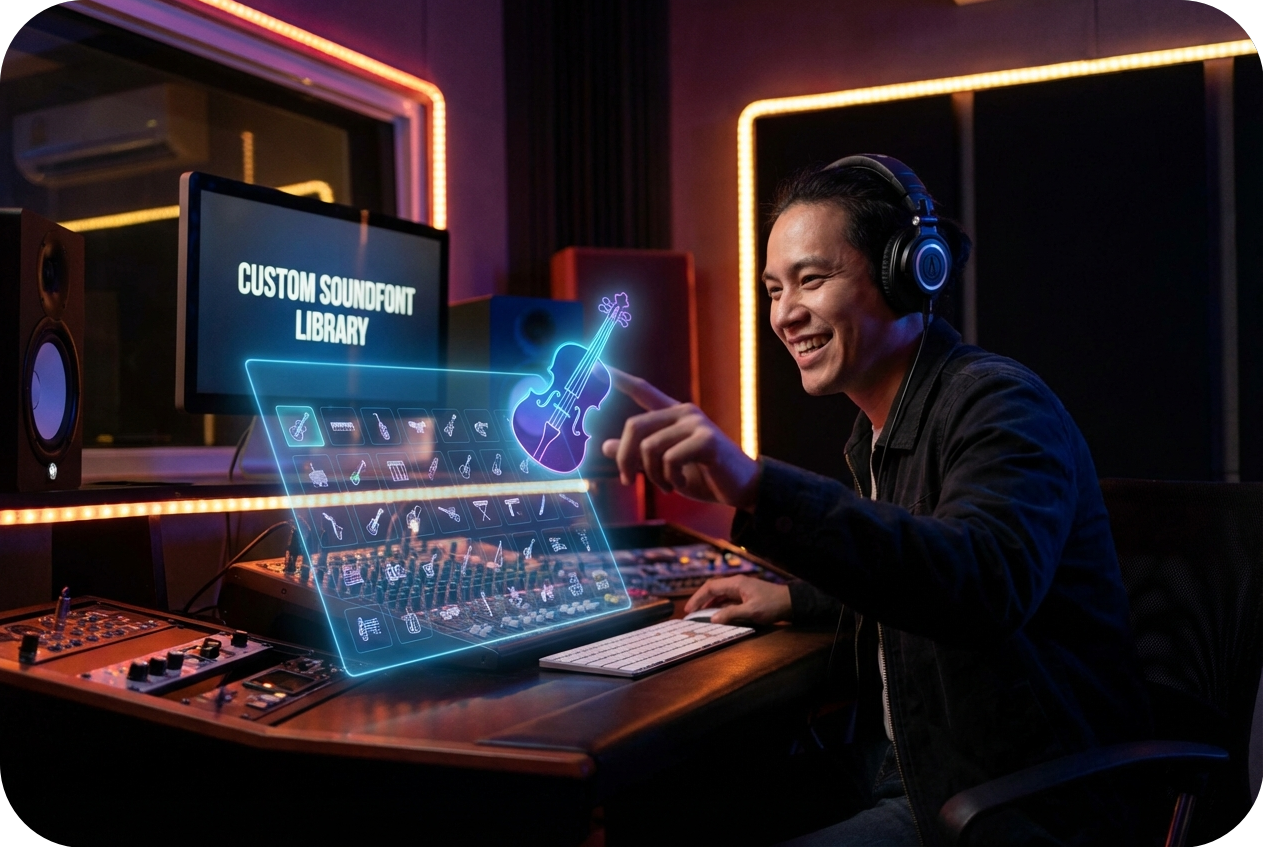 Musician selecting a custom instrument sound from a vast library within the MIDI editor.