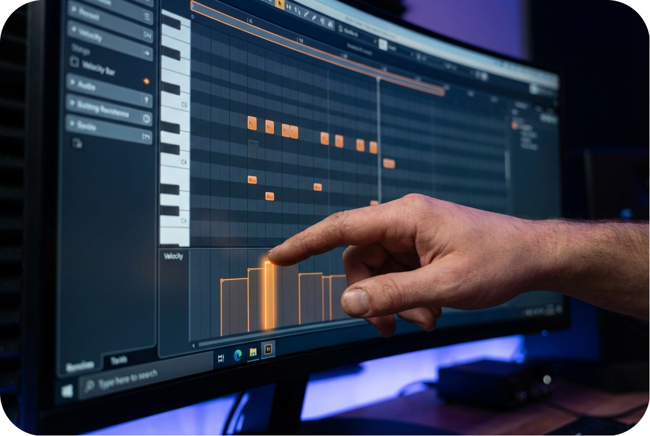 A producer making precise velocity adjustments to a single note in an online MIDI editor.