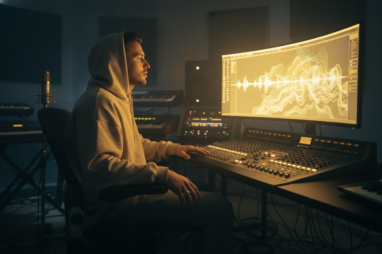 A DJ in a studio using an Audio to MIDI converter to create a remix.