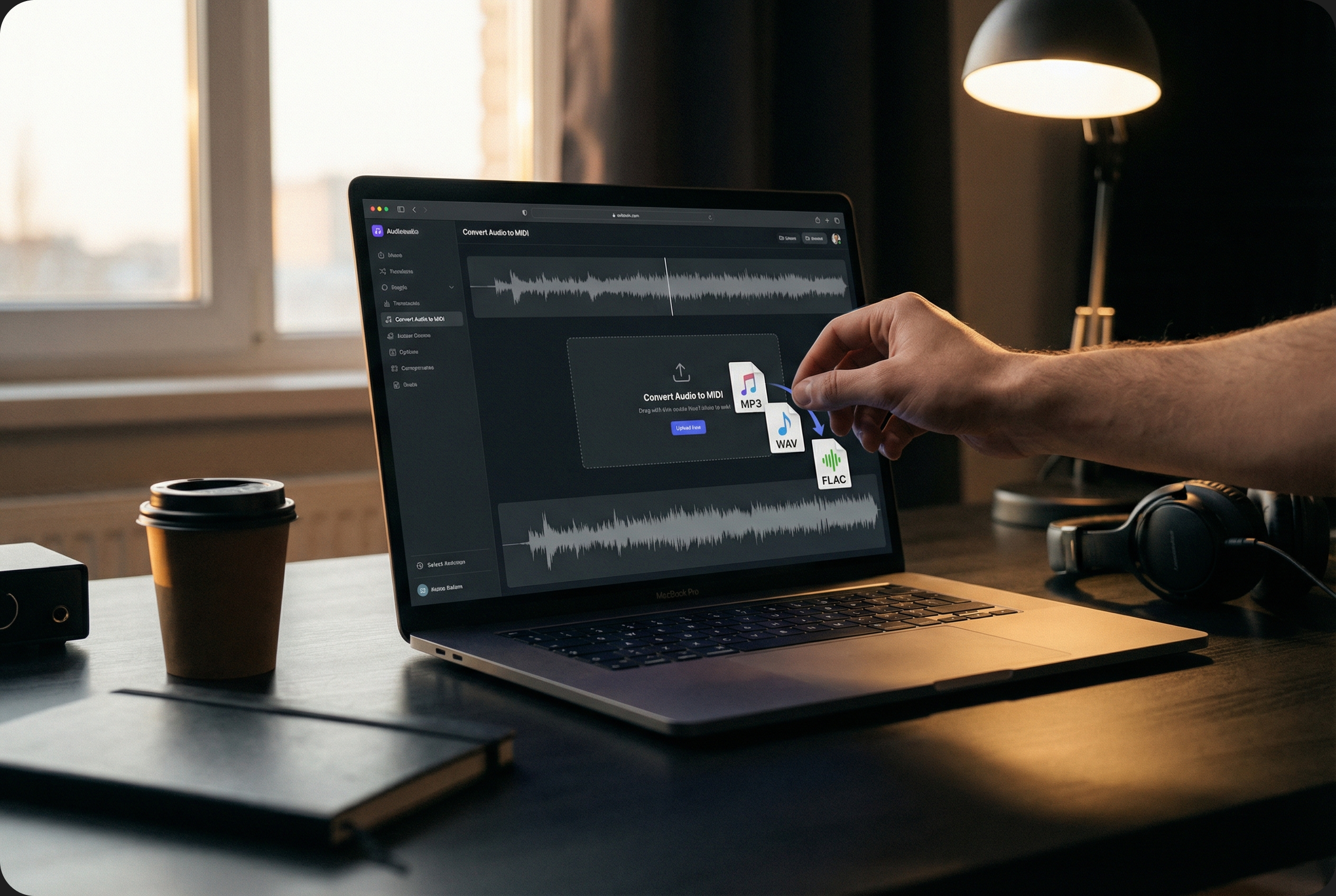 A user uploads multiple audio file formats to a laptop for Audio to MIDI conversion.