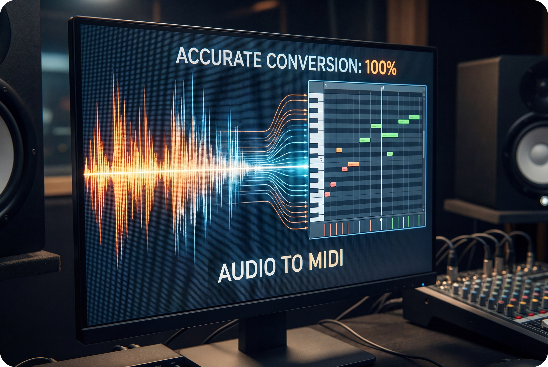 A studio monitor displays the high-fidelity conversion of an audio waveform into MIDI notes.