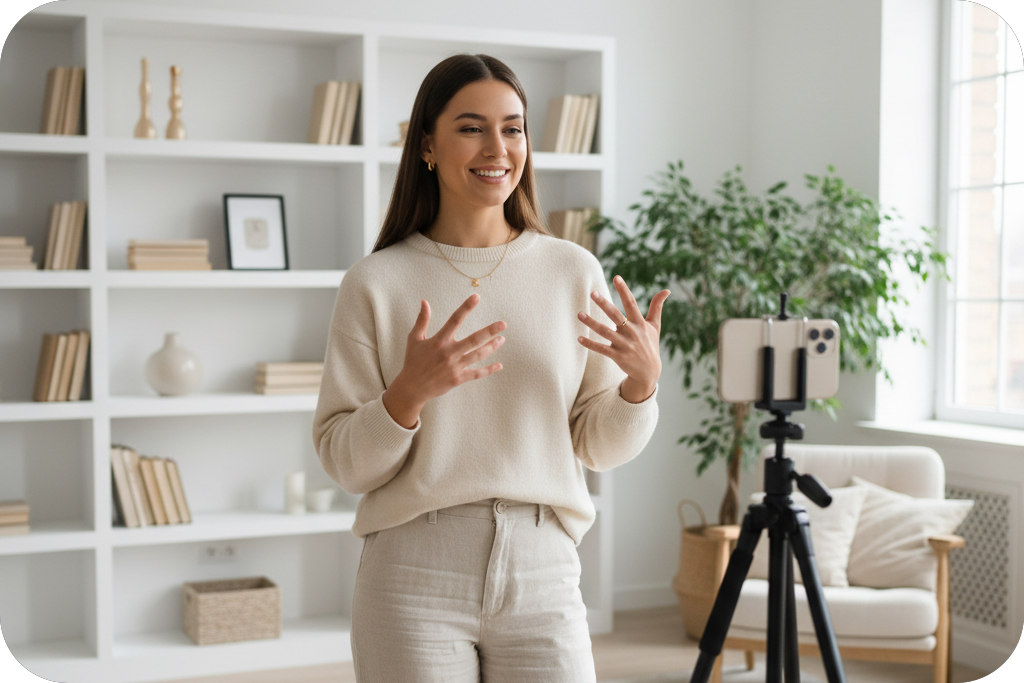 A young woman is filming a "Photo To Music" video at home.