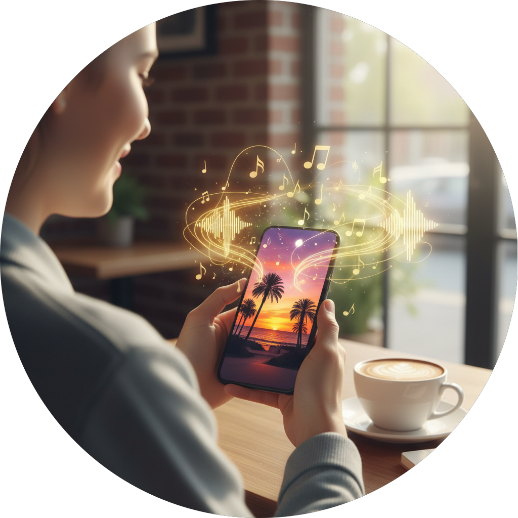 A woman is using her phone to create a "Photo To Music" video with a sunset image.