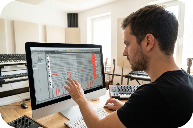 Producer making precision edits to notes on a piano roll in the MIDI editor