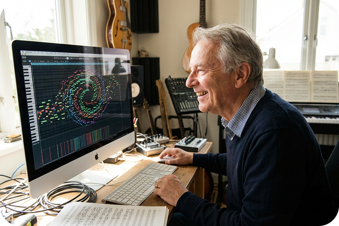 A composer using an AI MIDI generator to create a new song in the online editor