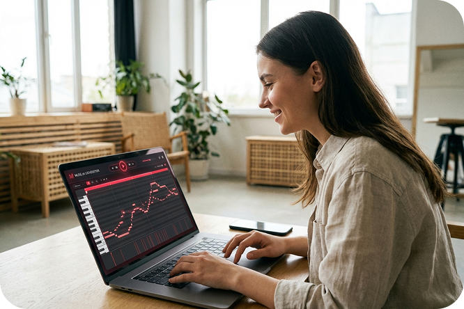 A woman editing the output from an Audio to MIDI converter on her laptop.