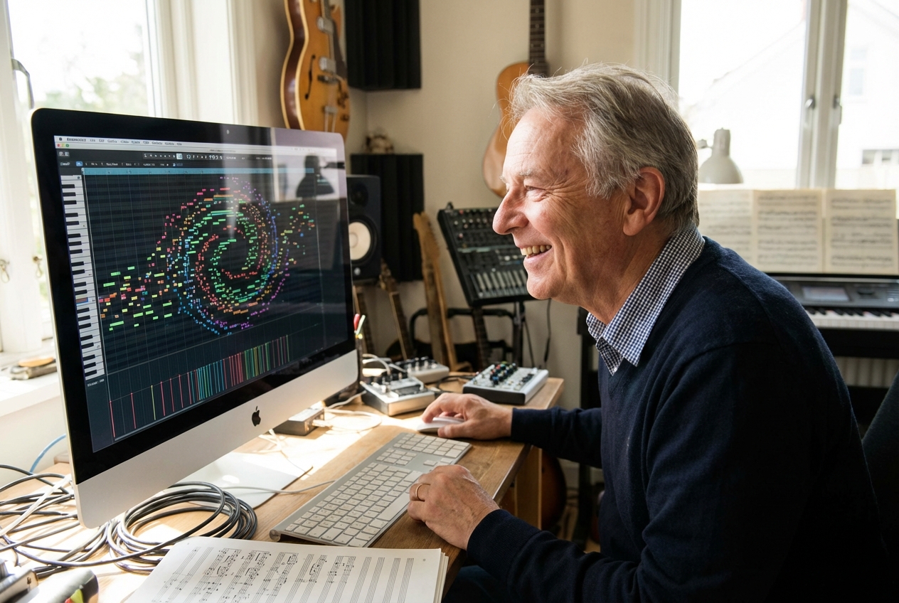 A songwriter using an Audio to MIDI converter to compose music.