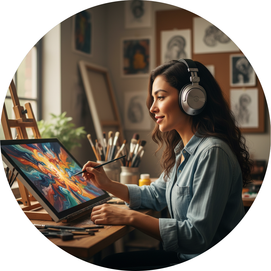 A female artist is editing a "Photo To Music" video with headphones on.