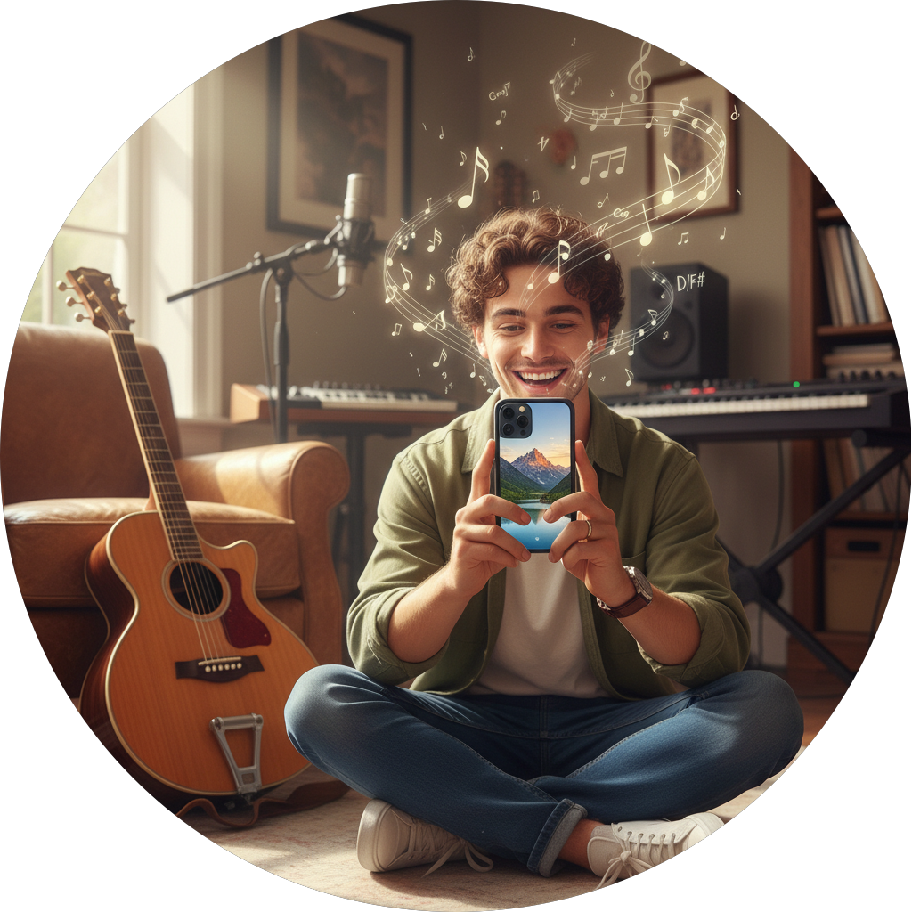 A young man is enjoying creating a 'Photo to Music' video on his phone, with musical notes floating around him. This can also be described as 'Image to Music' or 'AI Image to Song'