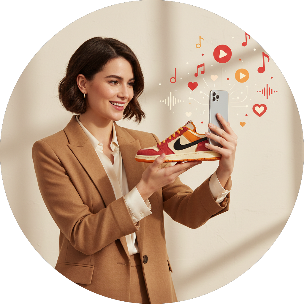 A young woman is filming a 'Photo to Music' video while holding a sneaker, with social media icons and music notes floating around her.