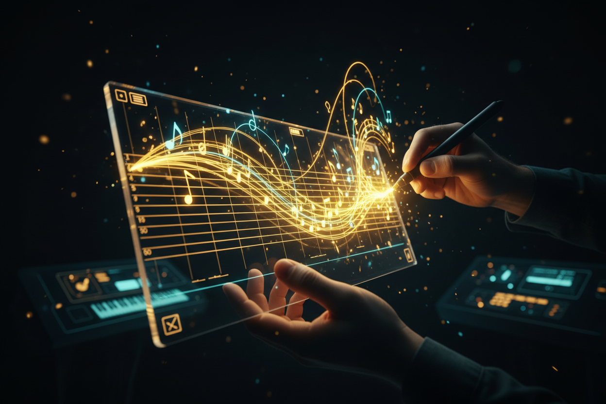 A music artist composing a track with an AI rap generator.