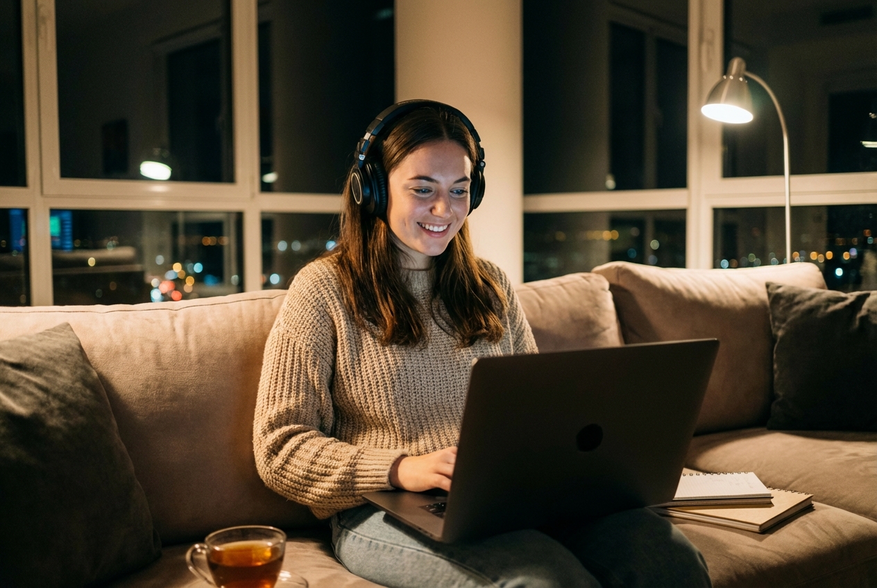 A content producer using a laptop and headphones to create background music with an AI rap generator.