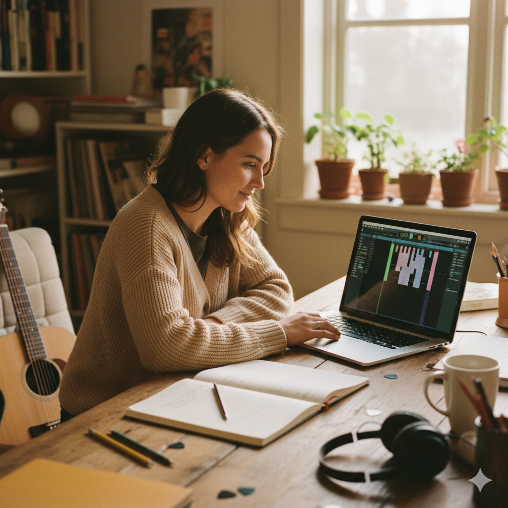 Woman creating music with an 'AI MIDI generator'.