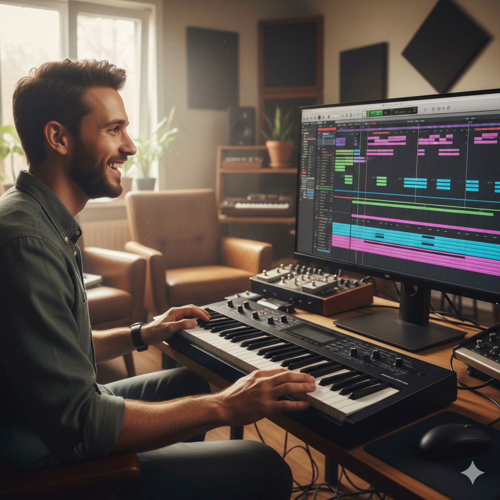 Man playing keyboard, using 'AI MIDI Music generator'.