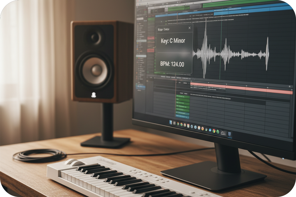 Studio setup with a 'Key and BPM finder' on screen.