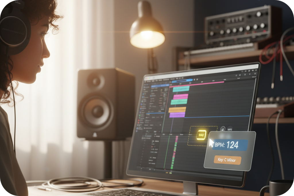 Musician using a 'Key and BPM finder' in a home studio.