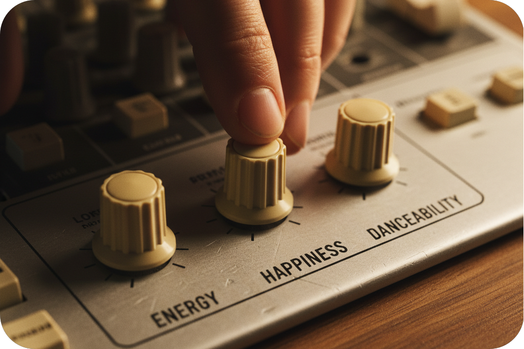 Hand adjusting a dial labeled 'Happiness' on a music mixer, not directly related to a 'Key and BPM finder'.