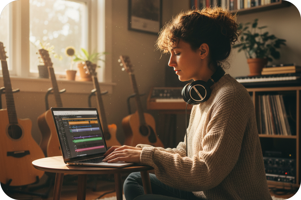 Woman making music on a laptop, using a 'Key and BPM finder' in a room with guitars.