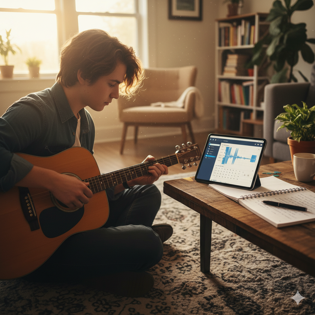 Young man playing guitar, likely with a 'Key and BPM finder' on a tablet.